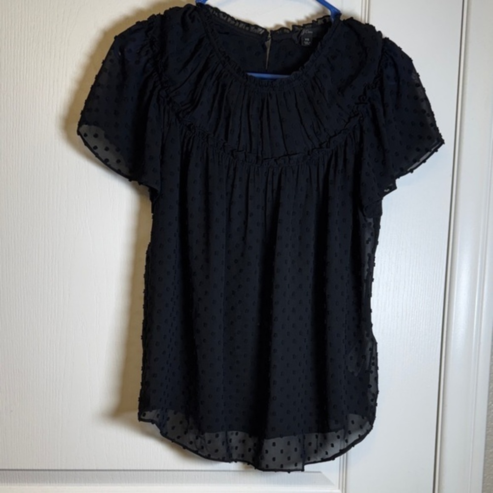 J Crew Black Sheer Ruffle Blouse High Neck Size XS EUC #2246